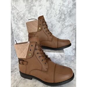 Forever Womens Brown Ankle Boots Flat Heel Gold Buckle Side Lace Up Size 7.5